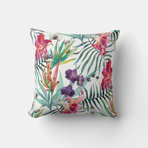 Bright Tropical Flowers and Foliage Pattern Throw Pillow