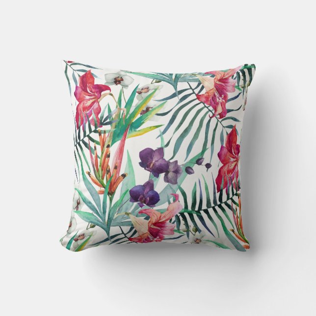 Bright Tropical Flowers and Foliage Pattern Throw Pillow (Front)