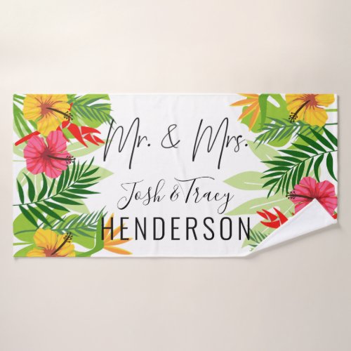 Bright Tropical Flowers  Leaves Mr and Mrs Bath Towel