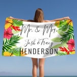 Bright Tropical Flowers & Leaves Mr and Mrs  Beach Towel<br><div class="desc">Make a statement at the pool or the beach with our wide selection of super cute customizable beach towels. We have elegant,  classy also fun and playful full print designs.

Just Married,  Wedding Props,  Wedding Photo Props,  Wedding Decoration,  Newly Weds,  Wedding Reception,  Honeymoon,  Personalized Wedding Engagement Bridal Shower.</div>