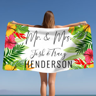 Bright Tropical Flowers & Leaves Mr and Mrs  Beach Towel