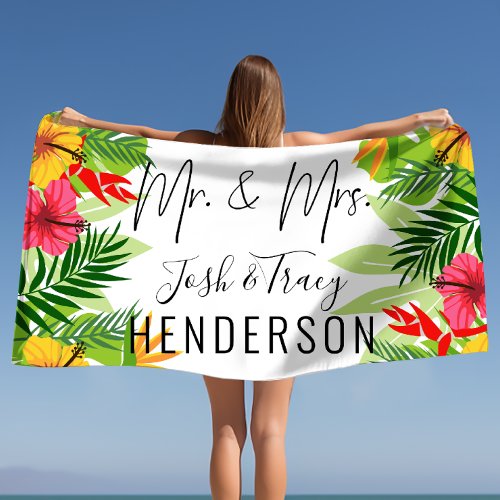 Bright Tropical Flowers  Leaves Mr and Mrs  Beach Towel