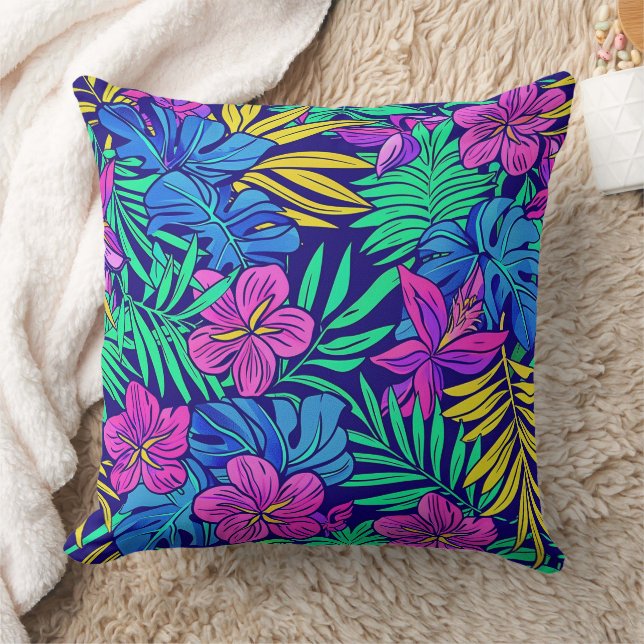 Bright Tropical Flowers Throw Pillow (Blanket)