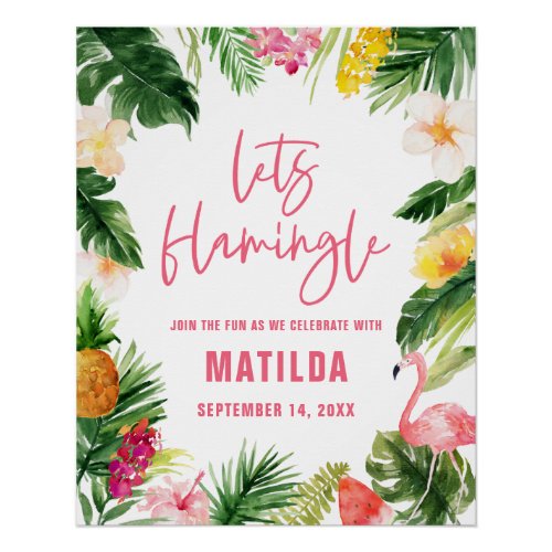 Bright tropical foliage lets flamingle birthday poster