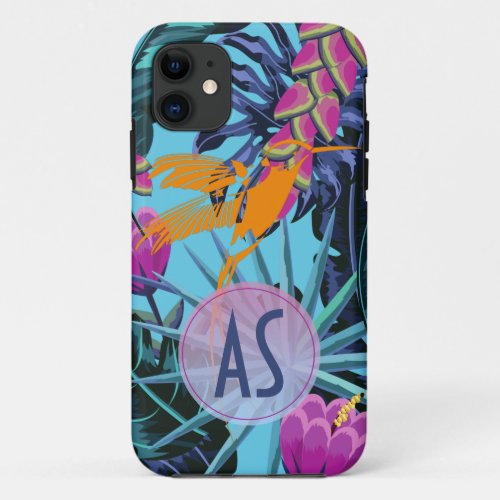 Bright Tropical Foliage Pattern with Hummingbird iPhone 11 Case