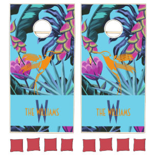 Bright Tropical Foliage Pattern with Hummingbird Cornhole Set