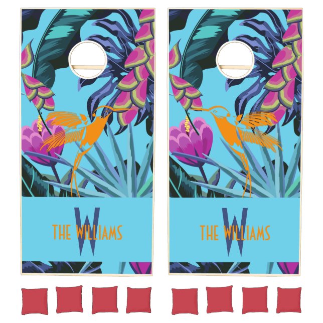 Bright Tropical Foliage Pattern with Hummingbird Cornhole Set (Set)