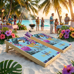 Bright Tropical Foliage Pattern with Hummingbird Cornhole Set