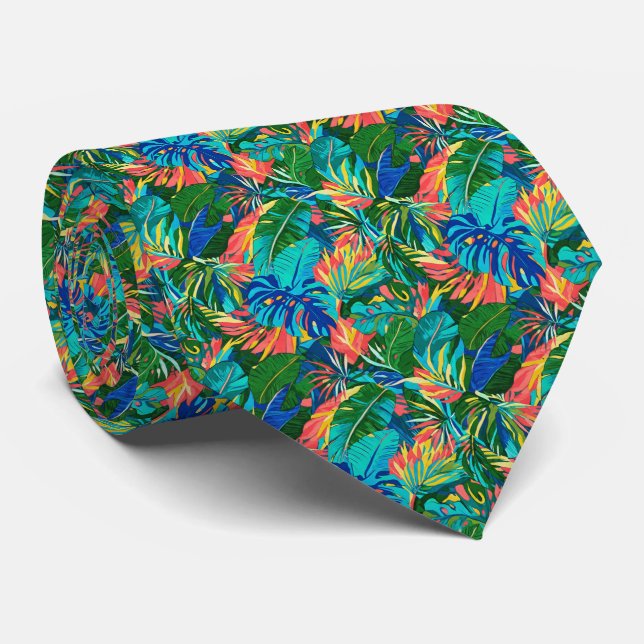Bright Tropical Leaf Pattern Neck Tie (Rolled)