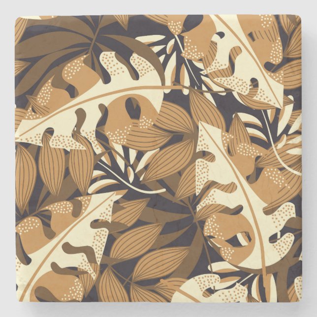 Bright Tropical Leaves Dark Pattern Stone Coaster (Front)