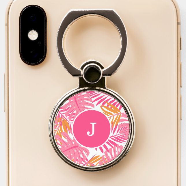 Bright Tropical Leaves Pattern Monogrammed Phone Ring Stand (Close Up)