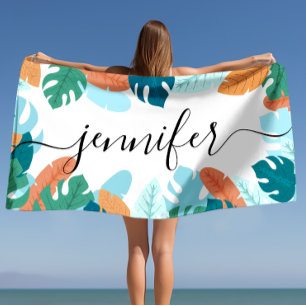 Bright Tropical Leaves Personalized Name Beach Towel