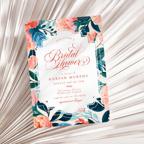 Bright Tropical Orange Teal Floral Bridal Shower Invitation