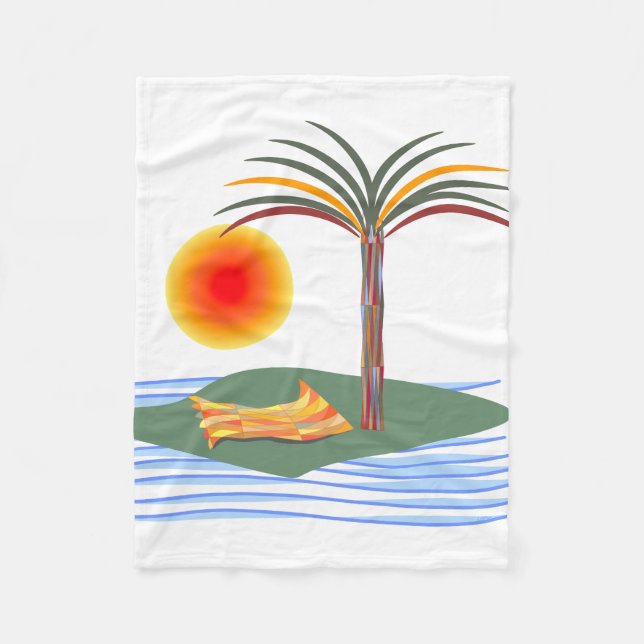 Bright Tropical Palm Tree, Sun and Waves Fleece Blanket (Front)