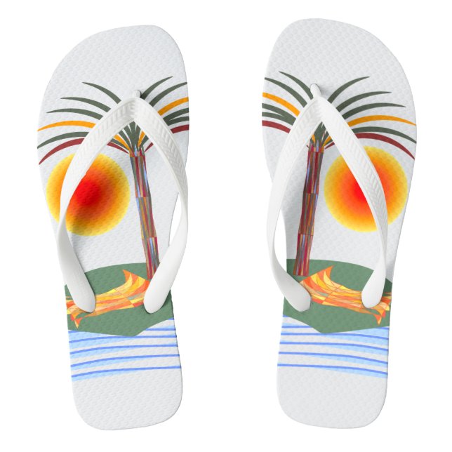 Bright Tropical Palm Tree, Sun and Waves Flip Flops (Footbed)