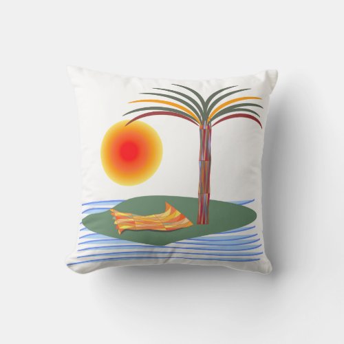 Bright Tropical Palm Tree Sun and Waves Throw Pillow