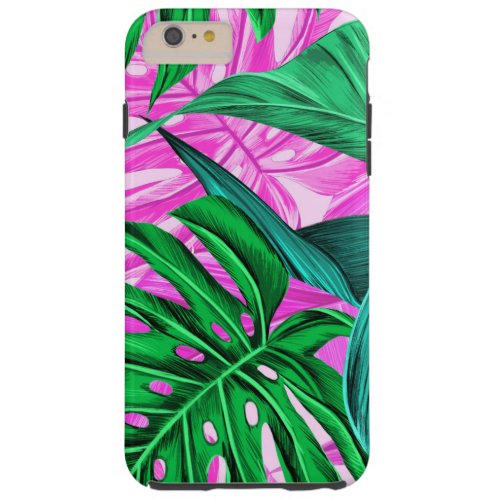 Bright Tropical Pink and Green Leaves Tough iPhone 6 Plus Case