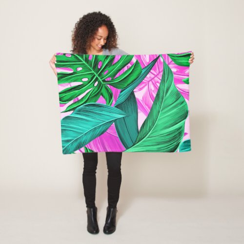 Bright Tropical Pink and Green Leaves Fleece Blanket