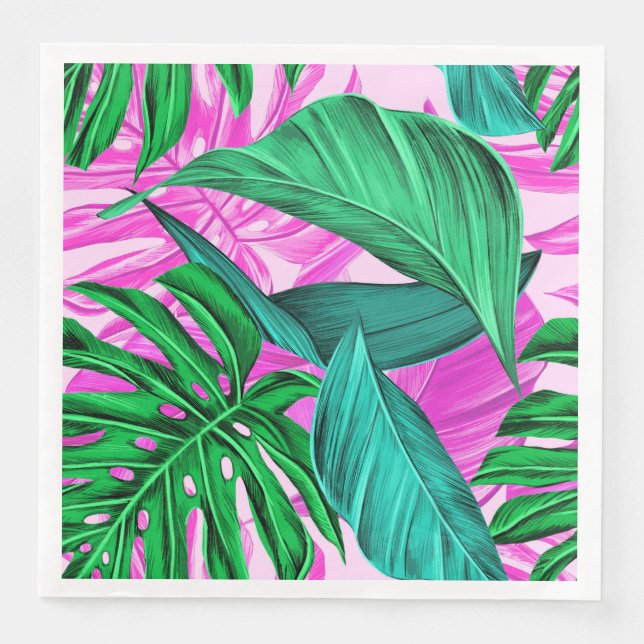 Bright Tropical Pink and Green Leaves Paper Dinner Napkins (Front)