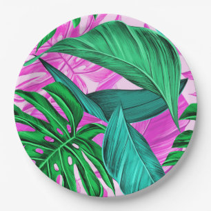 Bright Tropical Pink and Green Leaves Paper Plates