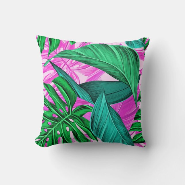 Bright Tropical Pink and Green Leaves Throw Pillow (Front)