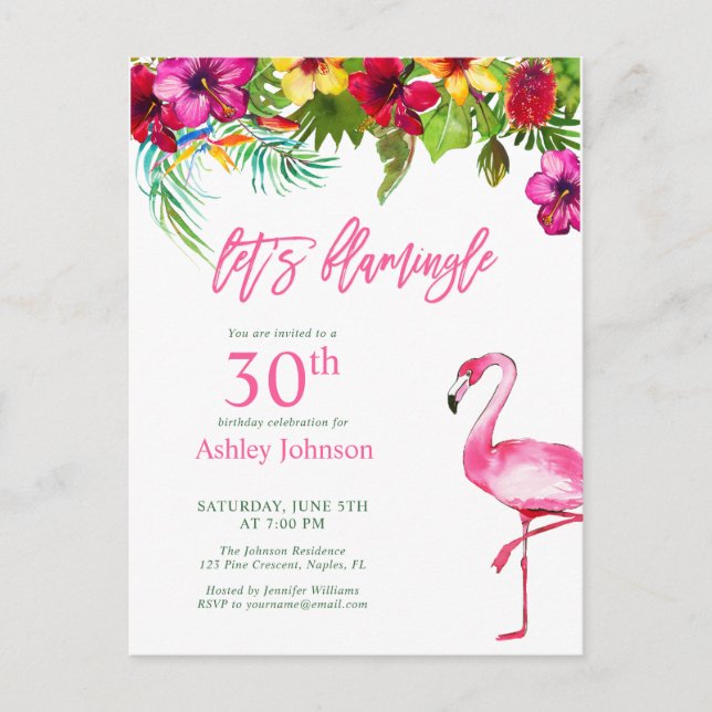 Bright Tropical Pink Let's Flamingo 30th Birthday Postcard (Front)