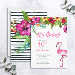 Bright Tropical Pink Let's Flamingo 40th Birthday Invitation<br><div class="desc">Set the tone for a fun, summery birthday celebration with this cute tropical "Let's Flamingle" party invitation! Featuring a bright, tropical watercolor floral drop of colorful hibiscus, bottle brush, bright bird of paradise, and palm foliage, followed by "Let's Flamingle" in flamingo pink. The card is personalized in text of matching...</div>