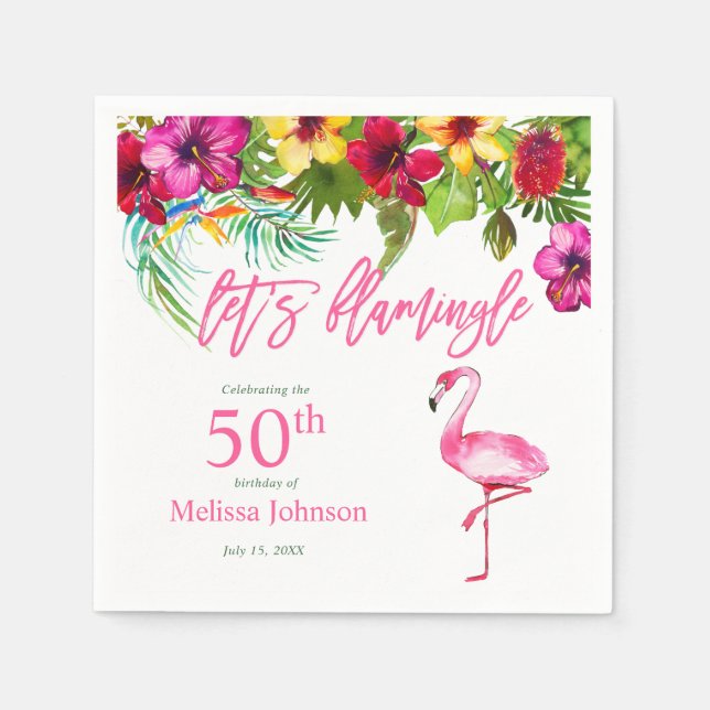 Bright Tropical Pink Let's Flamingo 50th Birthday Napkins (Front)