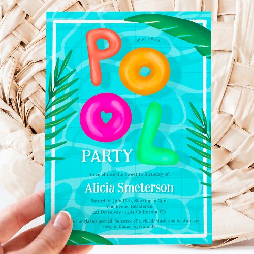 Bright Tropical pool party neon floaters Sweet 16 Invitation