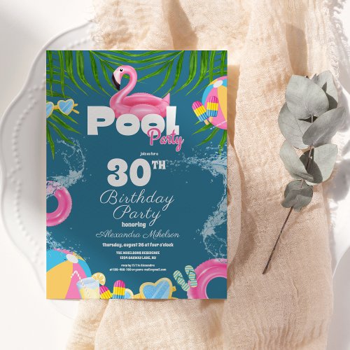 Bright Tropical pool party pink flamingo Invitation