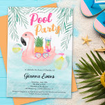 Bright Tropical pool party pink flamingo Sweet 16 Invitation<br><div class="desc">Make a splash with our vibrant and tropical Sweet 16 birthday invitations! Get your flamingo floats and swimsuits ready for a party that's sure to be bright fun and unforgettable! Featuring a pink flamingo floater illustration Sweet 16 with cocktail, holographic retro sunglasses, palm tree leaf, pineapple and pool water reflection...</div>