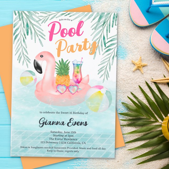 Bright Tropical pool party pink flamingo Sweet 16 Invitation (Creator Uploaded)