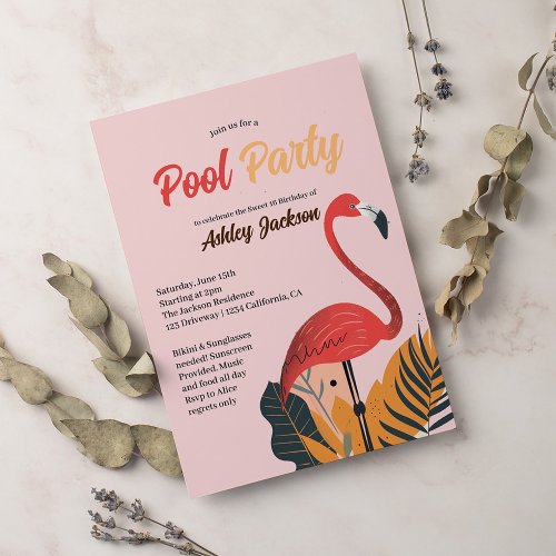 Bright Tropical Pool Party Pink flamingo Sweet 16  Invitation