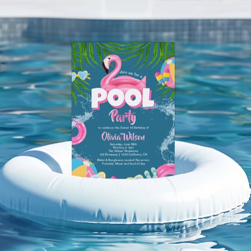 Bright Tropical pool party pink flamingo Sweet 16 Invitation