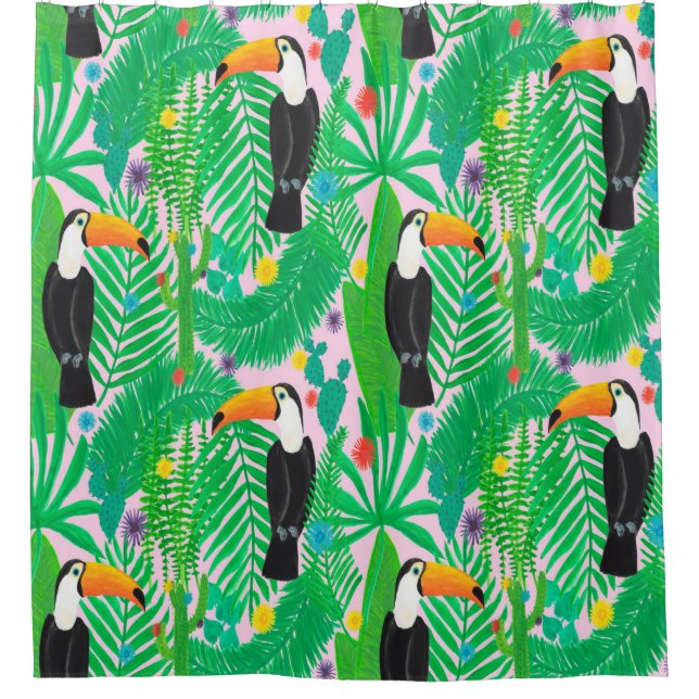 Bright tropical seamless hand drawn pattern with t shower curtain (Front)