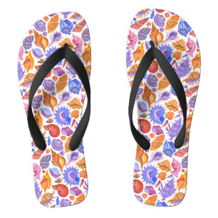 Bright tropical seashell, hand-drawn flip flops