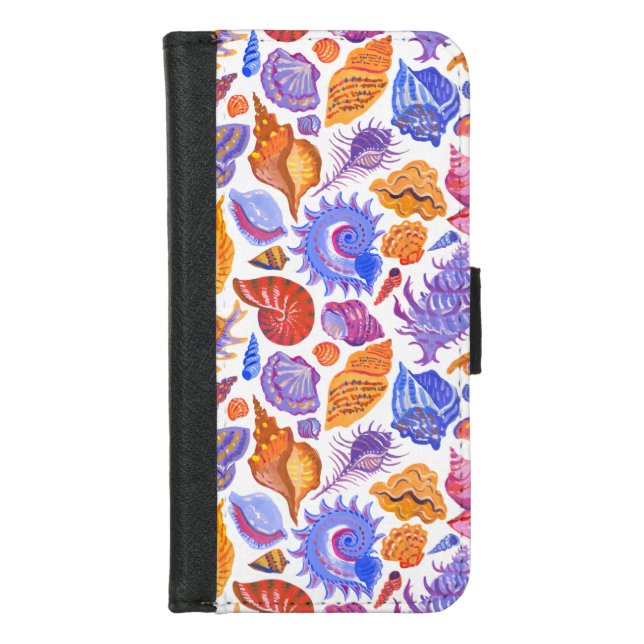 Bright tropical seashell, hand-drawn pattern iPhone wallet case (Front)