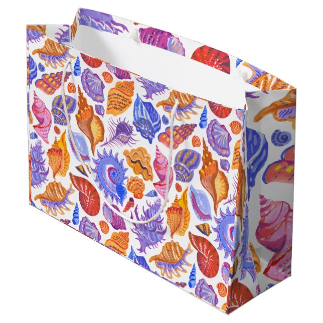 Bright tropical seashell, hand-drawn pattern large gift bag (Back Angled)