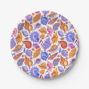 Bright tropical seashell, hand-drawn pattern paper plates