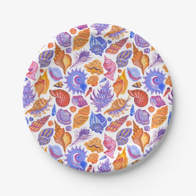 Bright tropical seashell, hand-drawn pattern paper plates (Front)