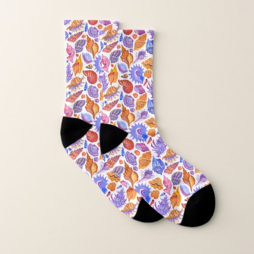 Bright tropical seashell hand_drawn pattern socks