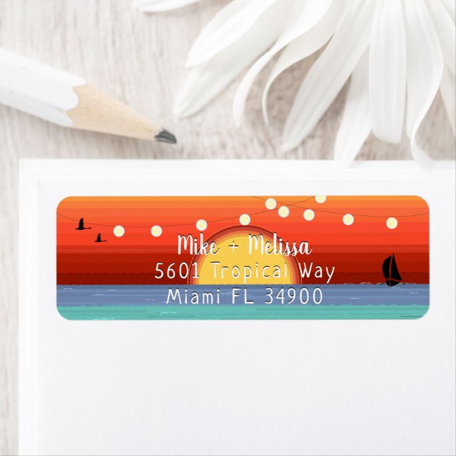Bright Tropical Sunset & String Lights Label (Insitu)