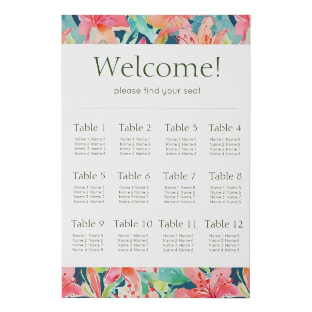 Bright Tropical Wedding Reception Seating Chart Faux Canvas Print (Front)