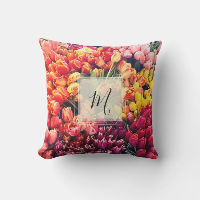 Bright Tulip Photo With Monogram Outdoor Pillow (Front)