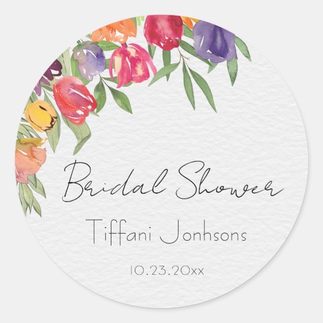Bright Tulips and Greenery Bridal Shower Classic Round Sticker (Front)