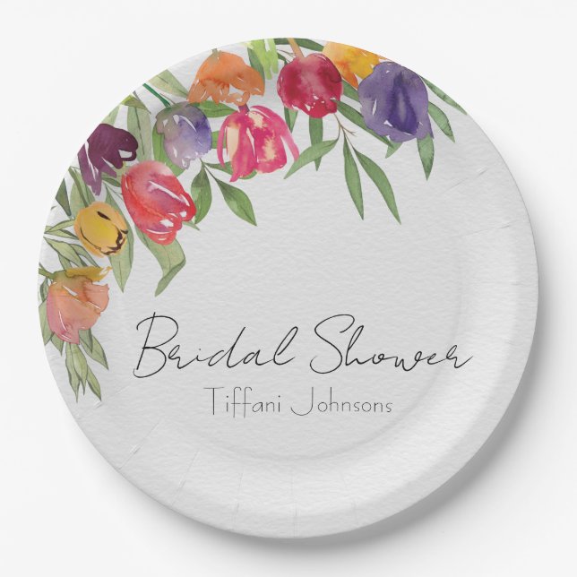 Bright Tulips and Greenery Bridal Shower  Paper Plates (Front)