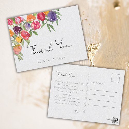 Bright Tulips and Greenery Bridal Shower Thank You Postcard