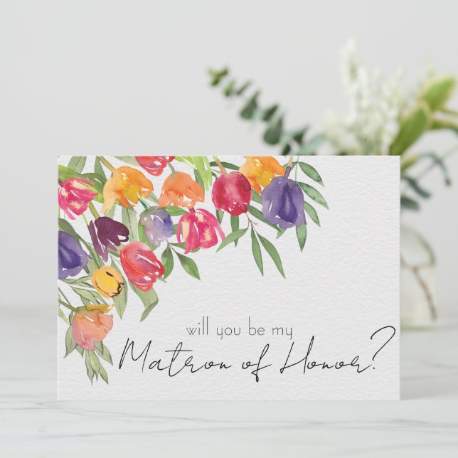Bright Tulips and Greenery Matron of Honor Invitation (Standing Front)