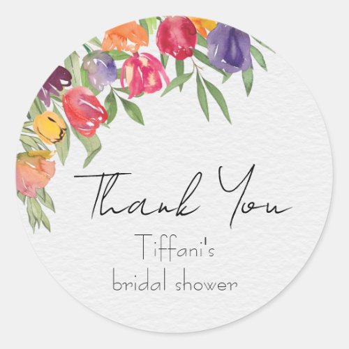 Bright Tulips and Greenery Thank You Bridal Shower Classic Round Sticker