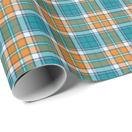 Bright Turquoise and Orange Sporty Plaid Pattern Wrapping Paper